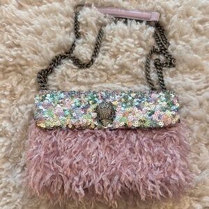Kurt Geiger Pink and Silver Crossbody Bag with Fluffy Trim